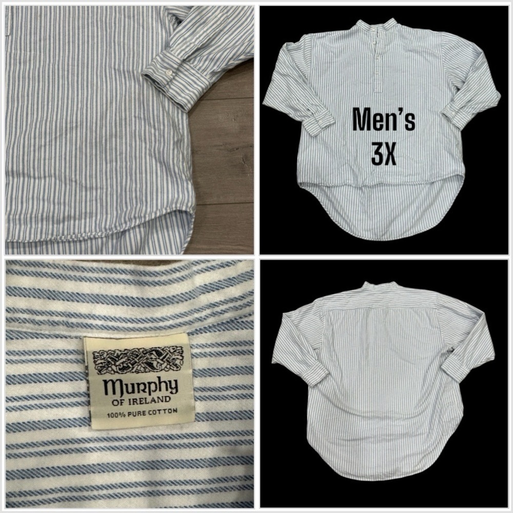 Murphy of Ireland Grandfather Shirt 3XL Collarless Striped Henley Flannel